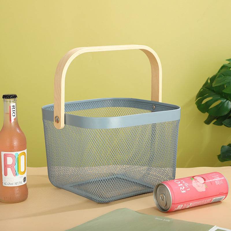 Iron Portable Storage Basket Wooden Handle - Mubimart