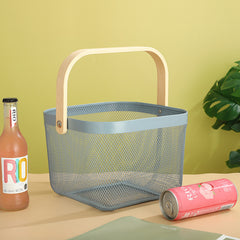 Iron Portable Storage Basket Wooden Handle - Mubimart -  