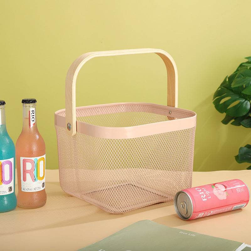 Iron Portable Storage Basket Wooden Handle - Mubimart