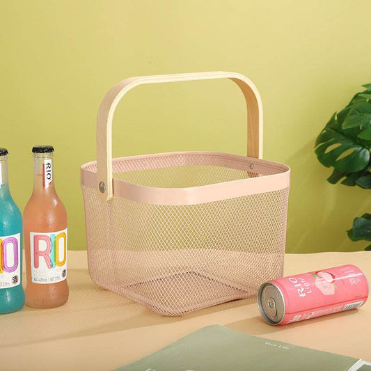 Iron Portable Storage Basket Wooden Handle - Mubimart