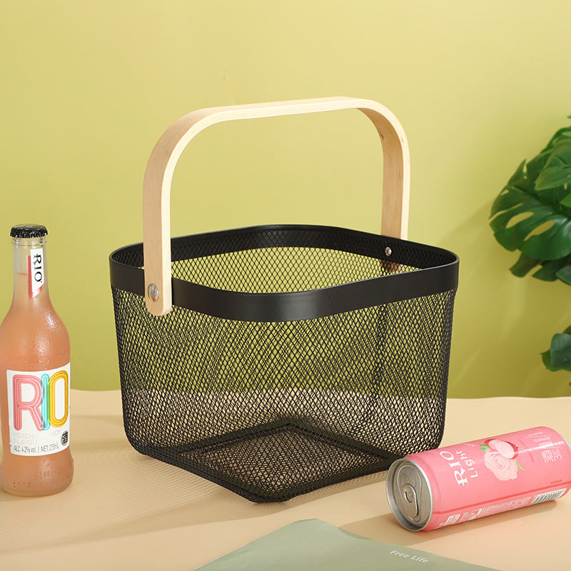 Iron Portable Storage Basket Wooden Handle - Mubimart -  