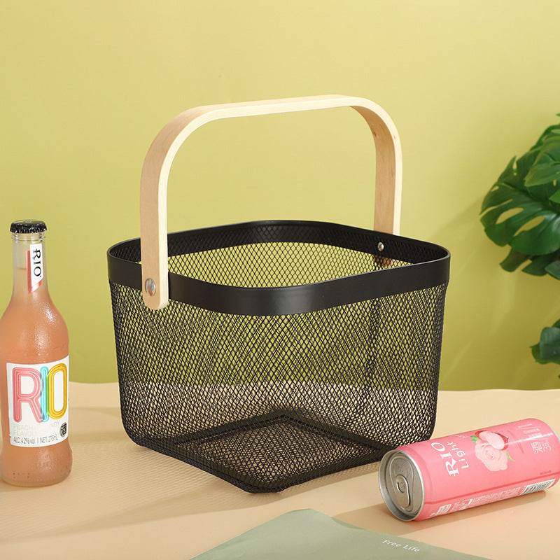 Iron Portable Storage Basket Wooden Handle - Mubimart