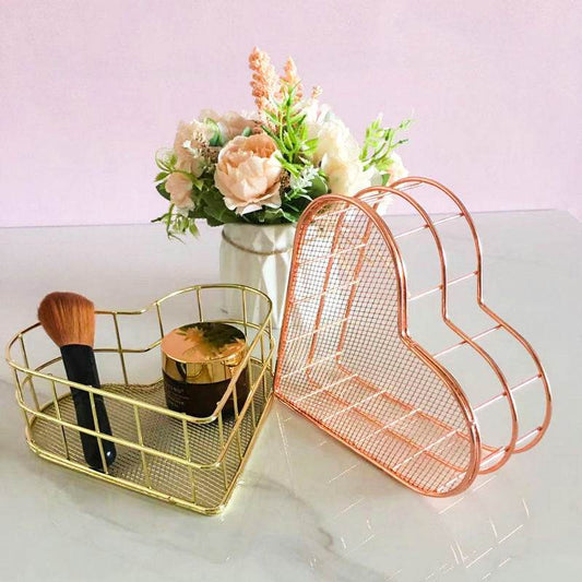 Iron Storage Basket Desktop Heart-shaped Rose Gold Finishing Creative - Mubimart