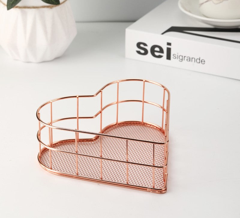 Iron Storage Basket Desktop Heart-shaped Rose Gold Finishing Creative - Mubimart -  