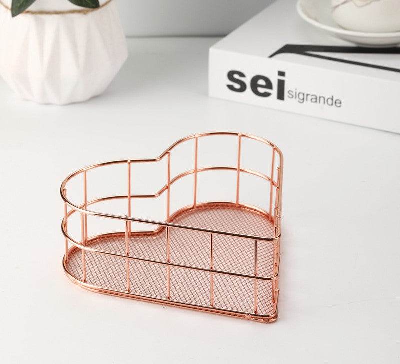 Iron Storage Basket Desktop Heart-shaped Rose Gold Finishing Creative - Mubimart