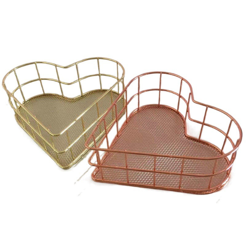 Iron Storage Basket Desktop Heart-shaped Rose Gold Finishing Creative - Mubimart -  