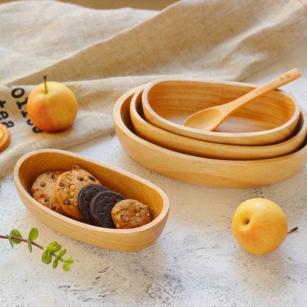 Japanese Rubberwood Boat Shape Oval Wooden Bowl - Mubimart