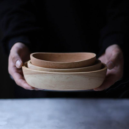 Japanese Rubberwood Boat Shape Oval Wooden Bowl - Mubimart