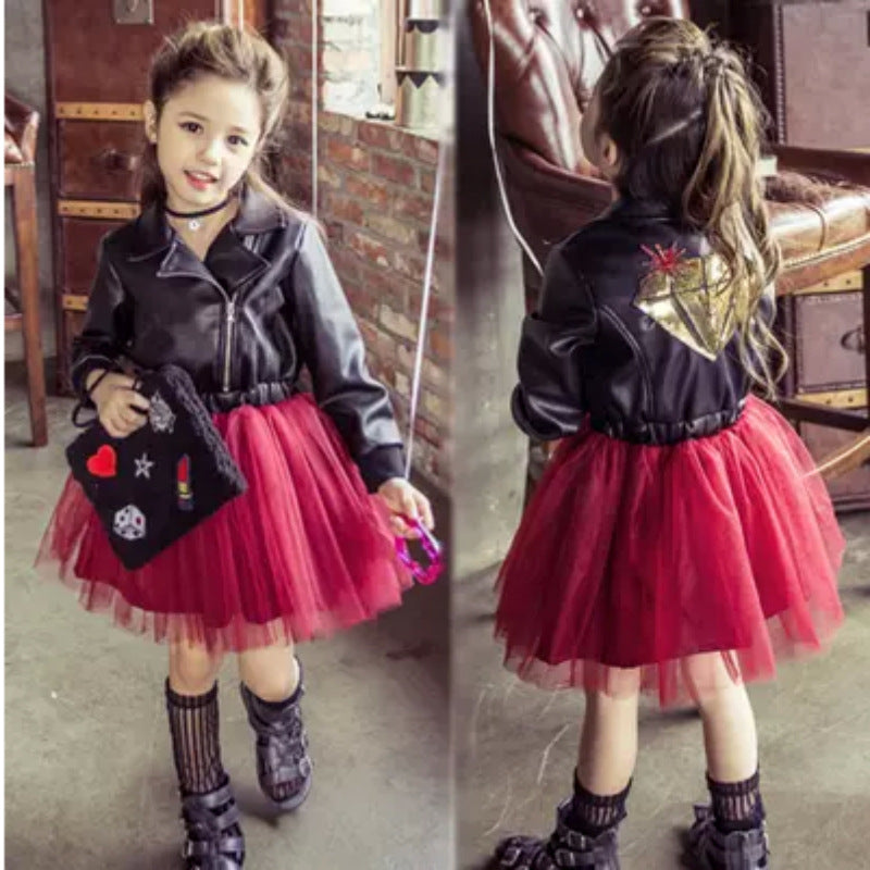 Korean Children And Girls On Behalf Of A Leather Dress Embroidered With Sequins Leather Children Princess Dress - Mubimart - Girl Dress 