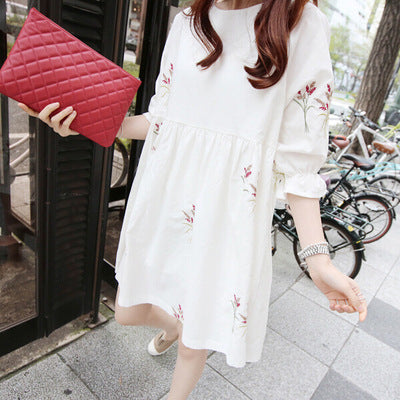 Korean Cotton And Linen Embroidery Maternity Dress And Nursing Clothes - Mubimart - Maternity Cloth 