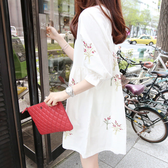 Korean Cotton And Linen Embroidery Maternity Dress And Nursing Clothes - Mubimart -  