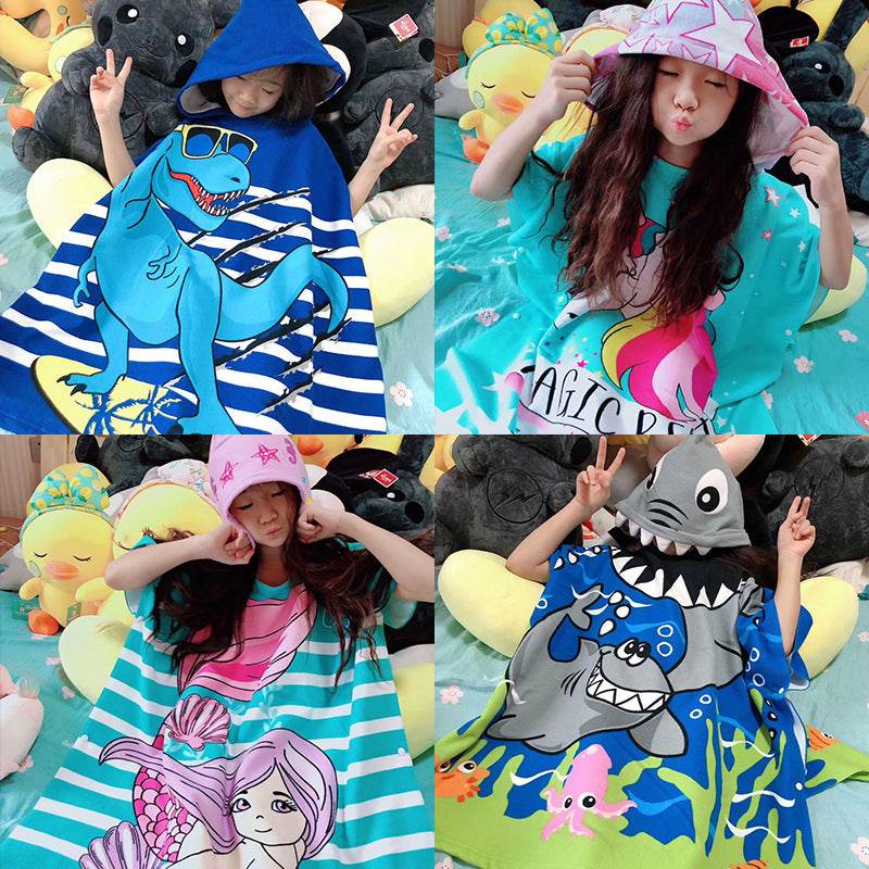 Large Children's Bath Towel Cape Reactive Printing Hooded Bathrobe Cloak Absorbent Wearable Bath Towels - Mubimart