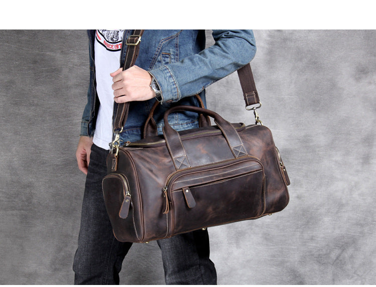 Leather Big Travel Bag Men'S And Women'S European And American Retro Hand Luggage Bag - Mubimart -  