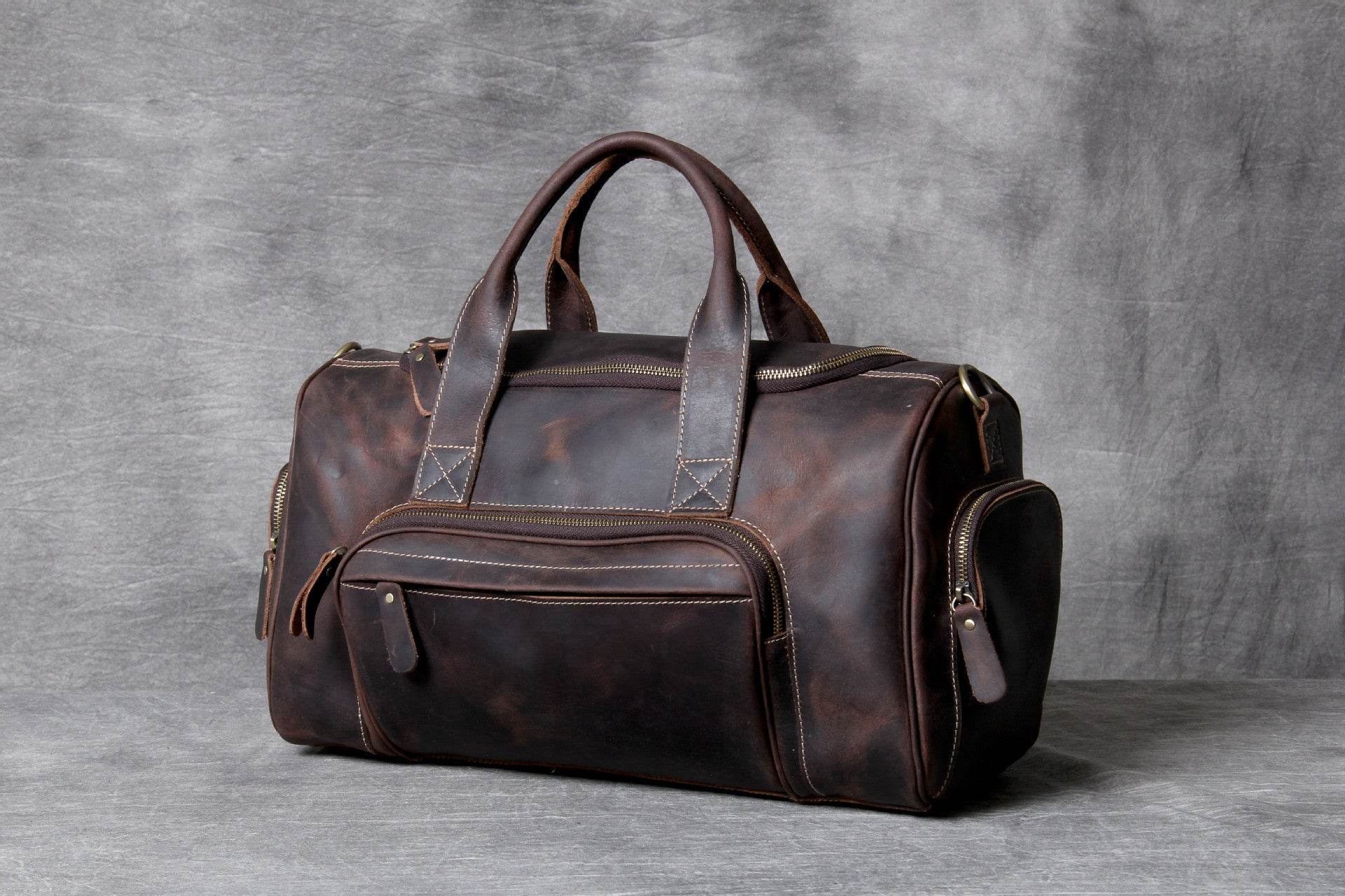 Leather Big Travel Bag Men'S And Women'S European And American Retro Hand Luggage Bag - Mubimart