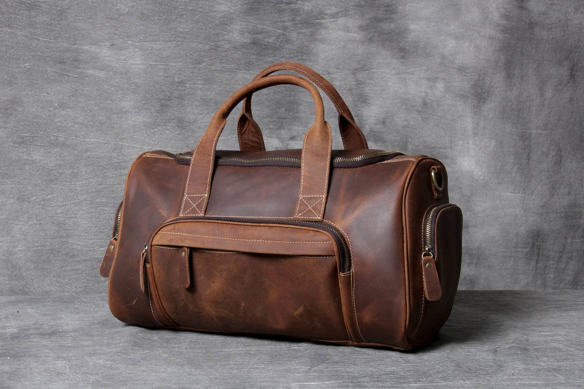 Leather Big Travel Bag Men'S And Women'S European And American Retro Hand Luggage Bag - Mubimart