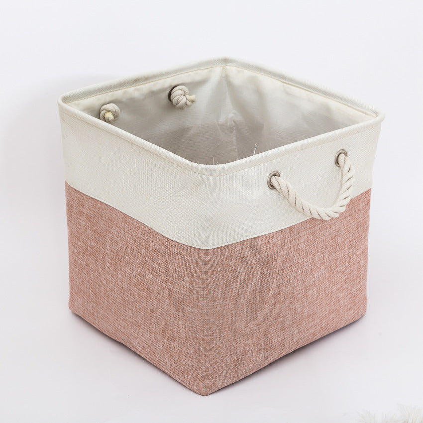 Linen Stitching Foldable Storage Box With Cotton Rope Handle Toy Storage Basket Daily Necessities Organizing Basket - Mubimart -  