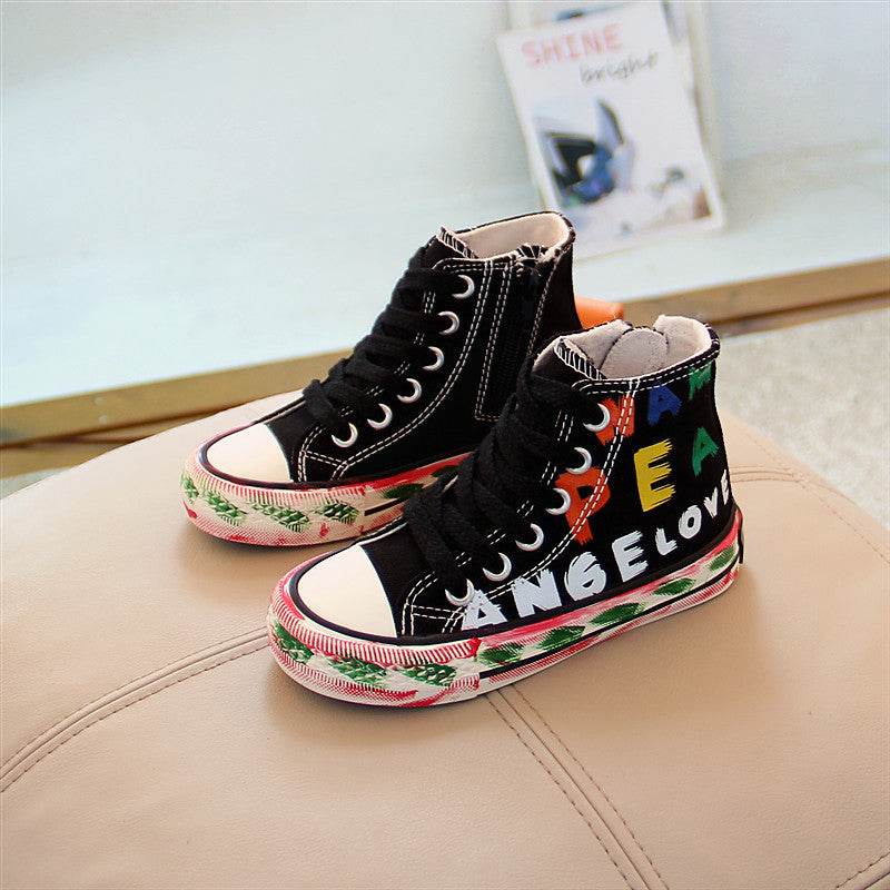 Little White Shoes Boys High-top Sneakers Graffiti Casual Shoes - Mubimart