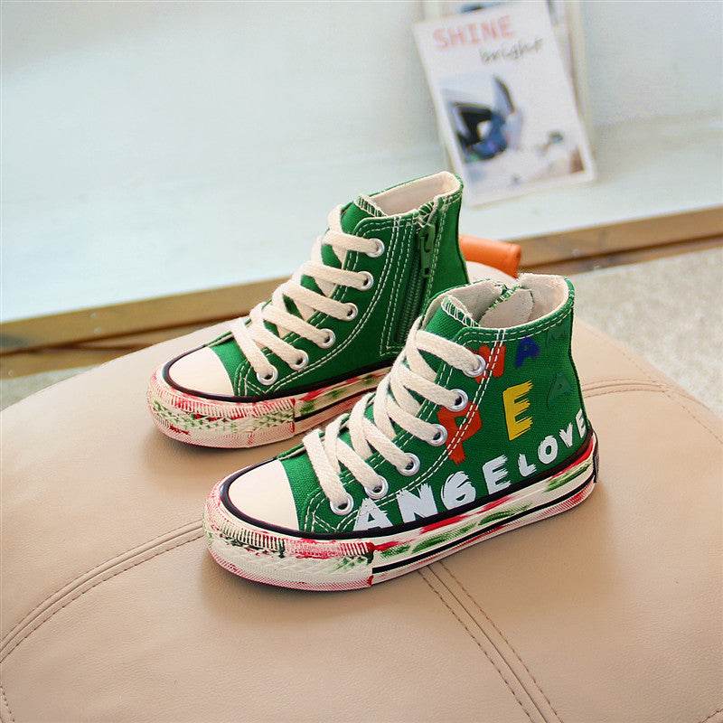 Little White Shoes Boys High-top Sneakers Graffiti Casual Shoes - Mubimart