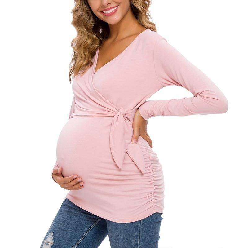 Long Sleeve V Neck Maternity Blouses And Tops For Pregnan - Mubimart