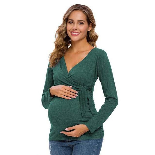 Long Sleeve V Neck Maternity Blouses And Tops For Pregnan - Mubimart
