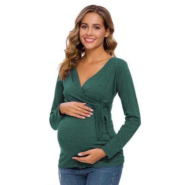 Long Sleeve V Neck Maternity Blouses And Tops For Pregnan - Mubimart -  