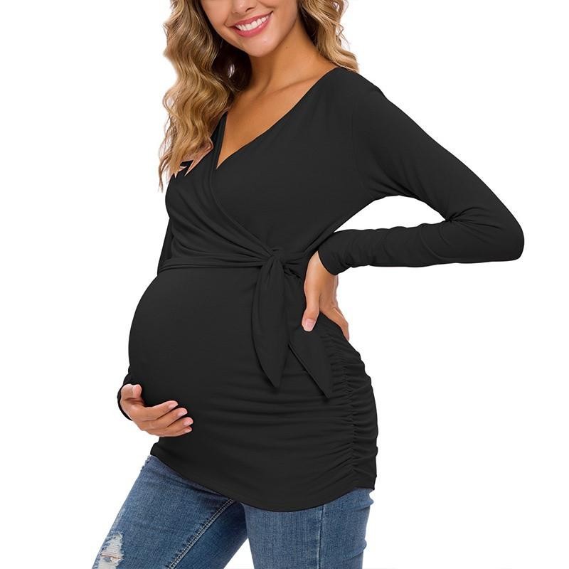 Long Sleeve V Neck Maternity Blouses And Tops For Pregnan - Mubimart - Maternity Cloth 