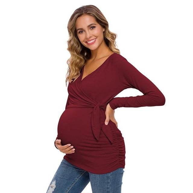 Long Sleeve V Neck Maternity Blouses And Tops For Pregnan - Mubimart