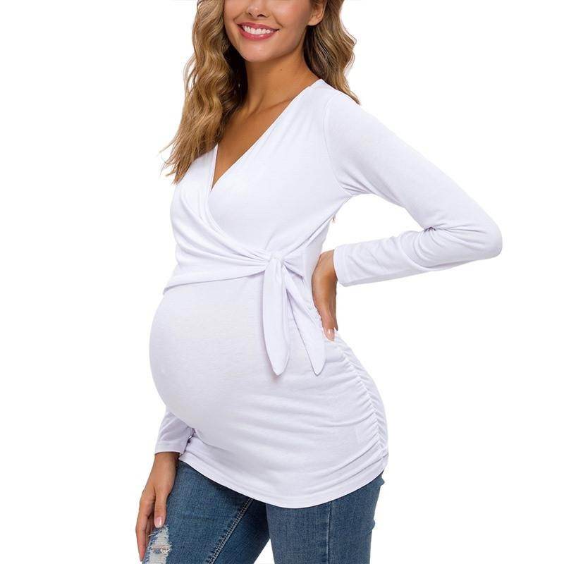 Long Sleeve V Neck Maternity Blouses And Tops For Pregnan - Mubimart
