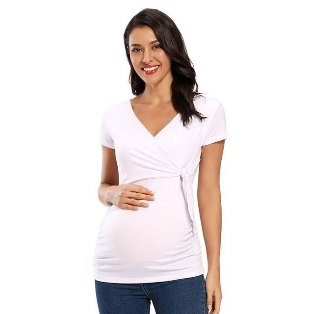 Long Sleeve V Neck Maternity Blouses And Tops For Pregnan - Mubimart -  