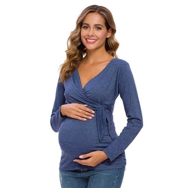 Long Sleeve V Neck Maternity Blouses And Tops For Pregnan - Mubimart