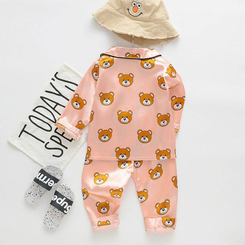 Long sleeve ice silk bear pajamas set for boys and girls - Mubimart