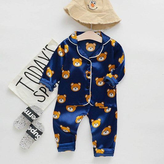 Long sleeve ice silk bear pajamas set for boys and girls - Mubimart