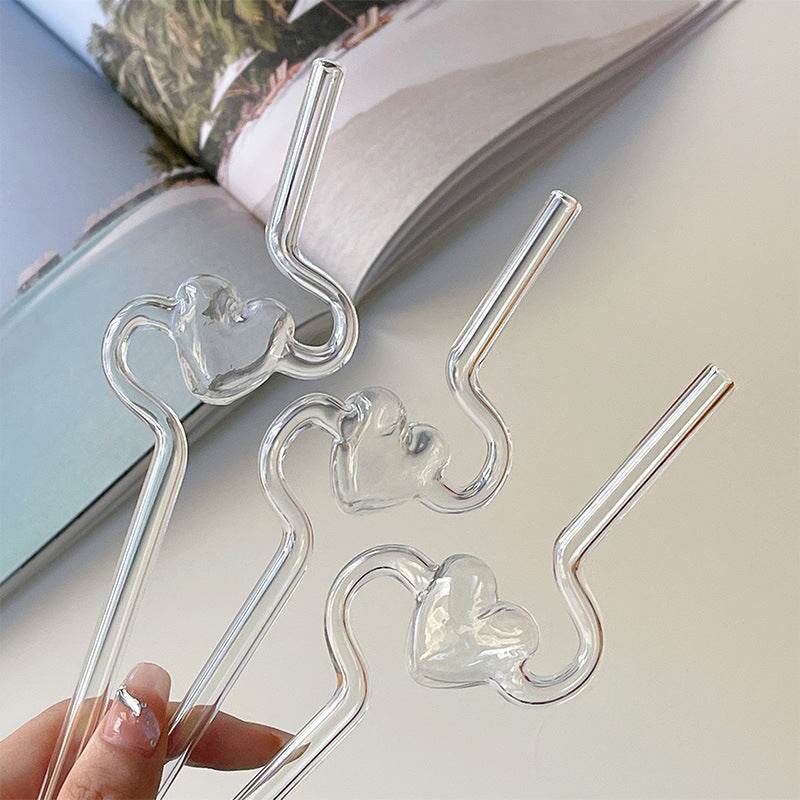 Love Heart Glass Straw Reusable High Borosilicate Glass Drinking Straws Bubble Tea Straws For Cocktails Bar Accessories Kitchen Gadgets - Mubimart