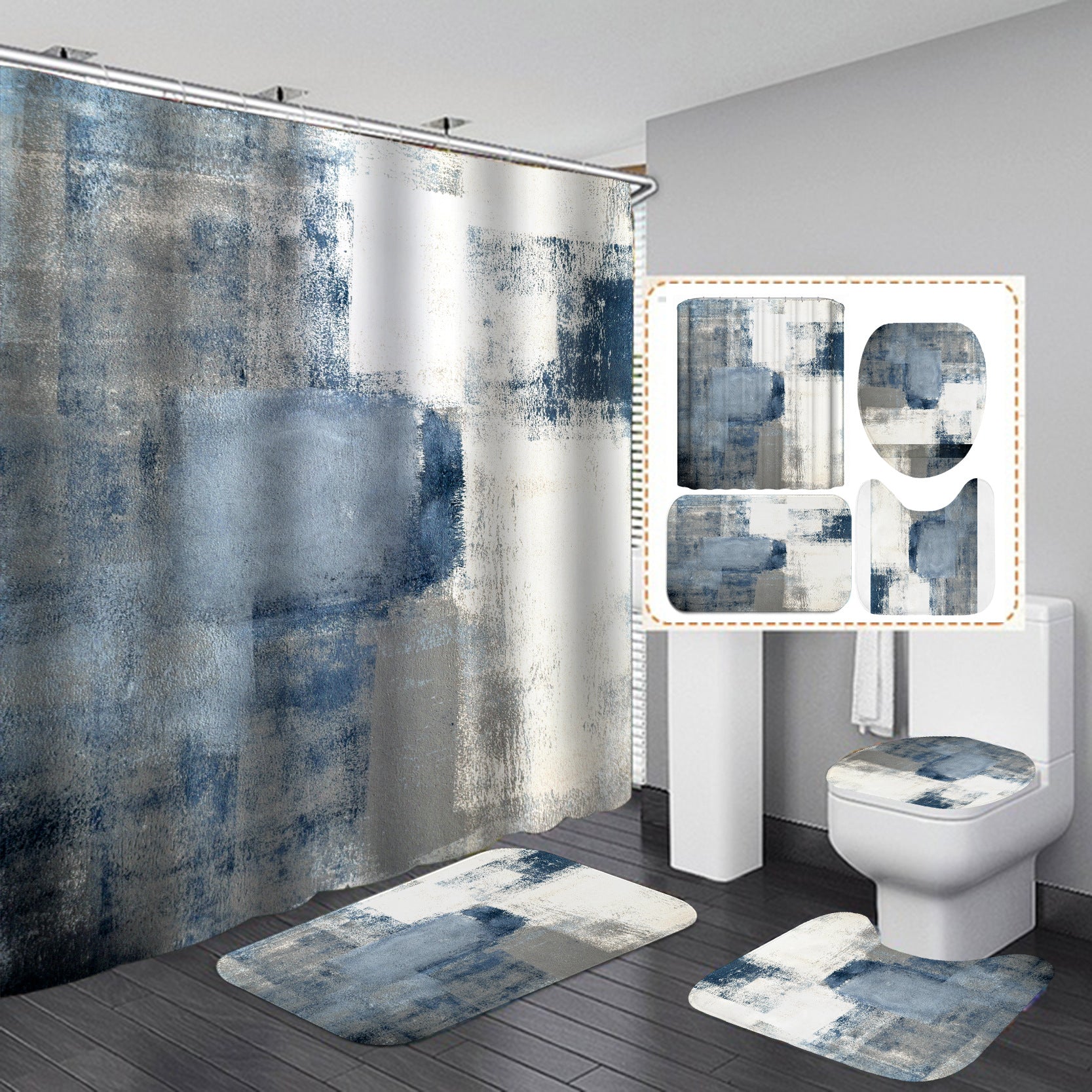 Marble White Shower Curtain Set With Non Slip Rug Bath Mat Carpet Modern Bathroom - Mubimart -  