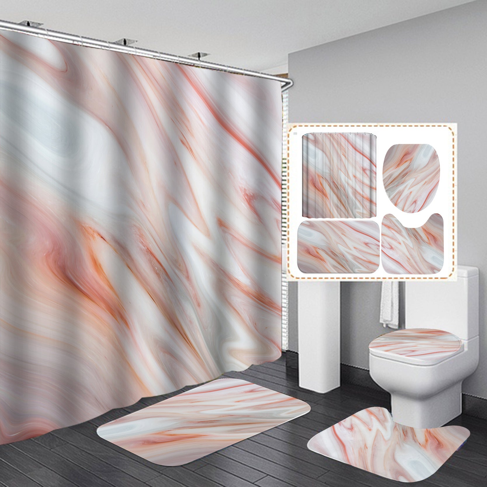 Marble White Shower Curtain Set With Non Slip Rug Bath Mat Carpet Modern Bathroom - Mubimart -  