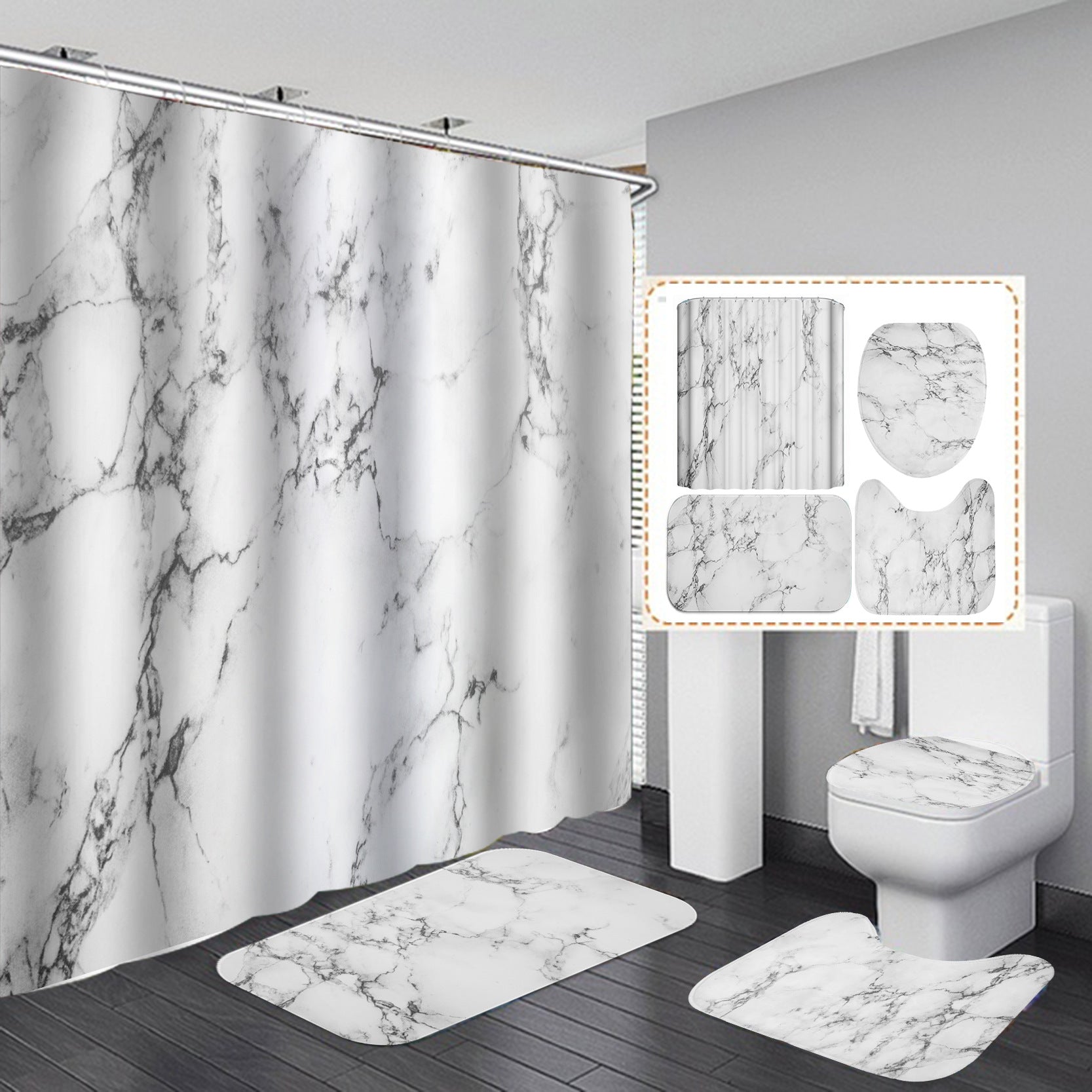 Marble White Shower Curtain Set With Non Slip Rug Bath Mat Carpet Modern Bathroom - Mubimart -  