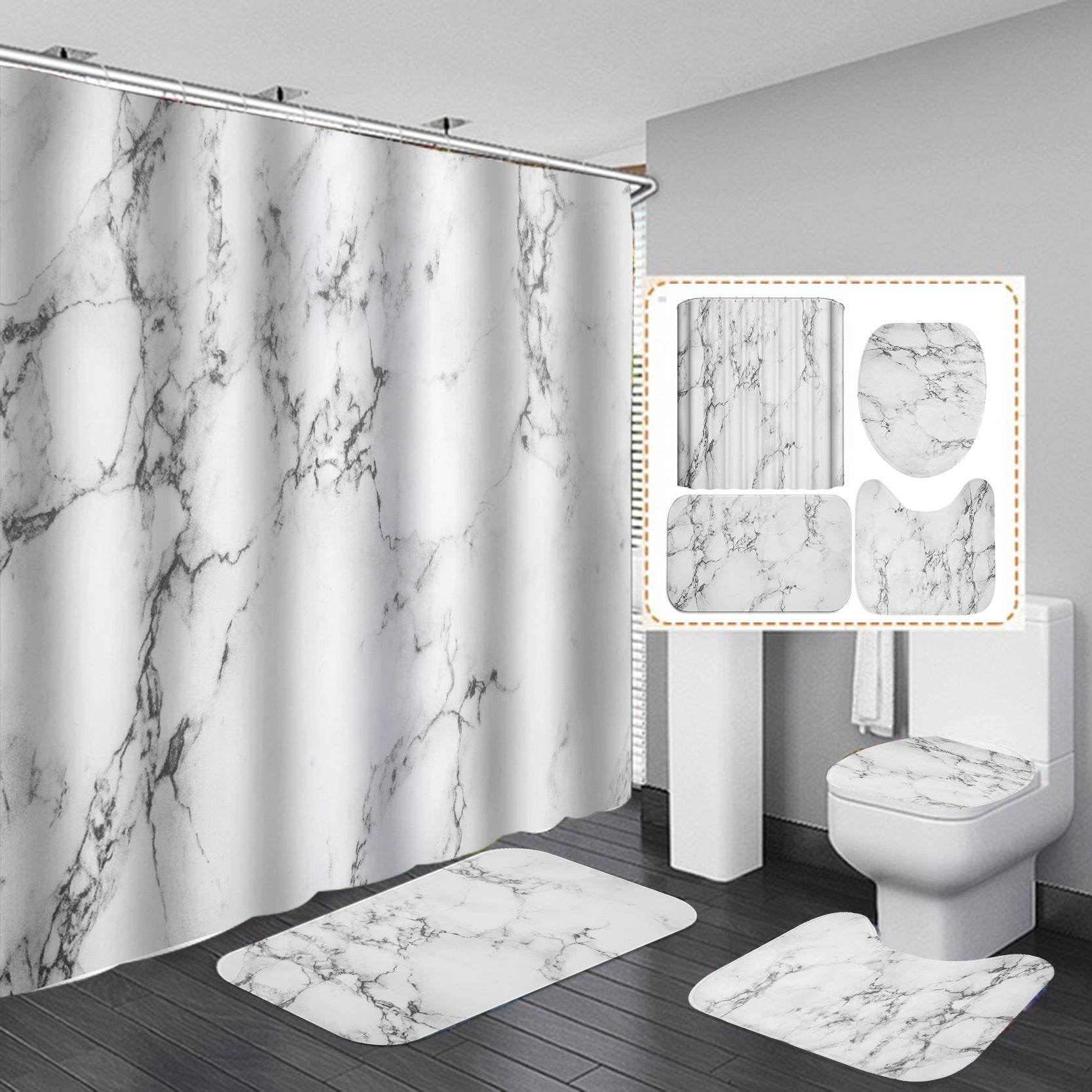 Marble White Shower Curtain Set With Non Slip Rug Bath Mat Carpet Modern Bathroom - Mubimart