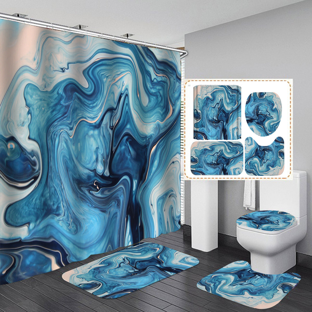 Marble White Shower Curtain Set With Non Slip Rug Bath Mat Carpet Modern Bathroom - Mubimart -  