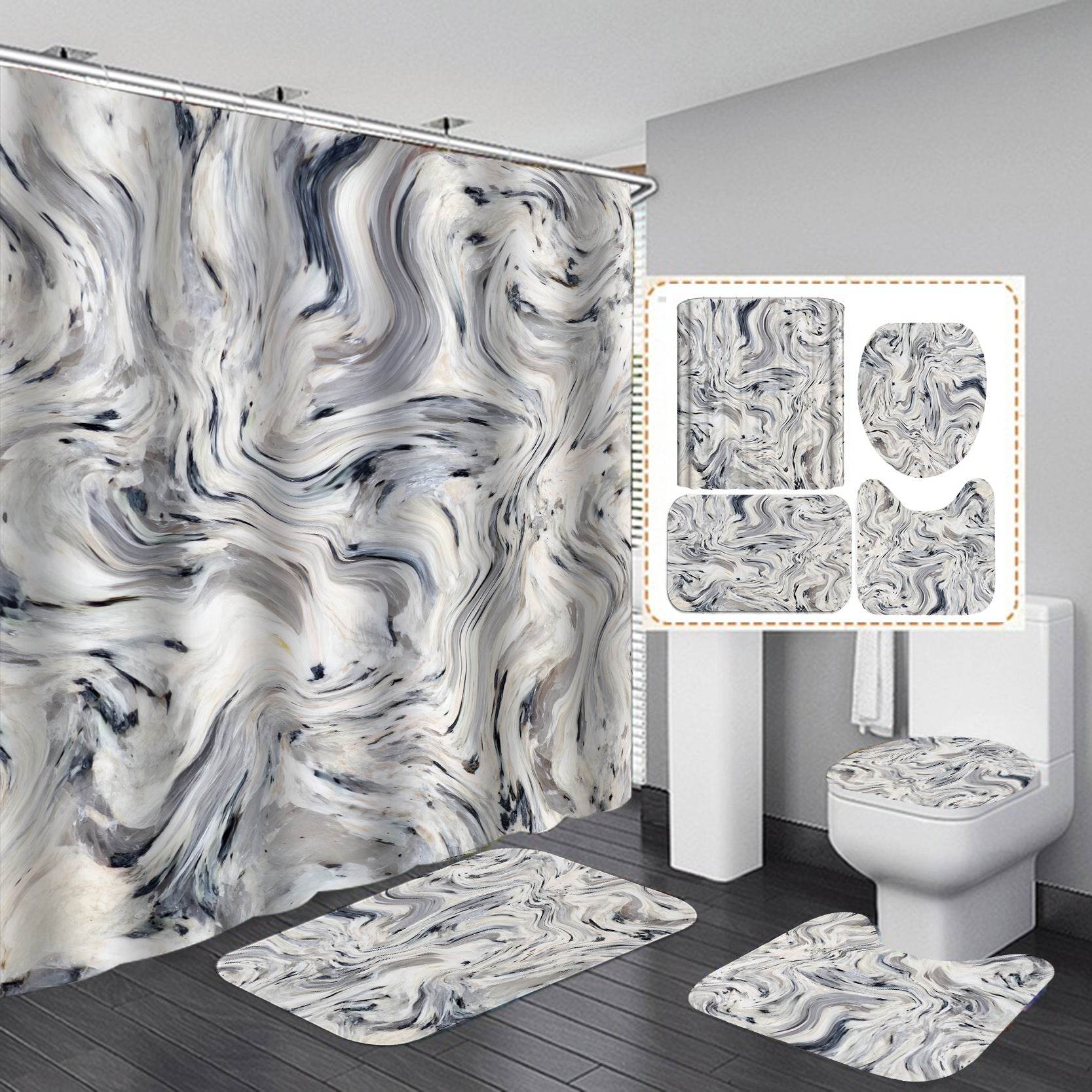 Marble White Shower Curtain Set With Non Slip Rug Bath Mat Carpet Modern Bathroom - Mubimart