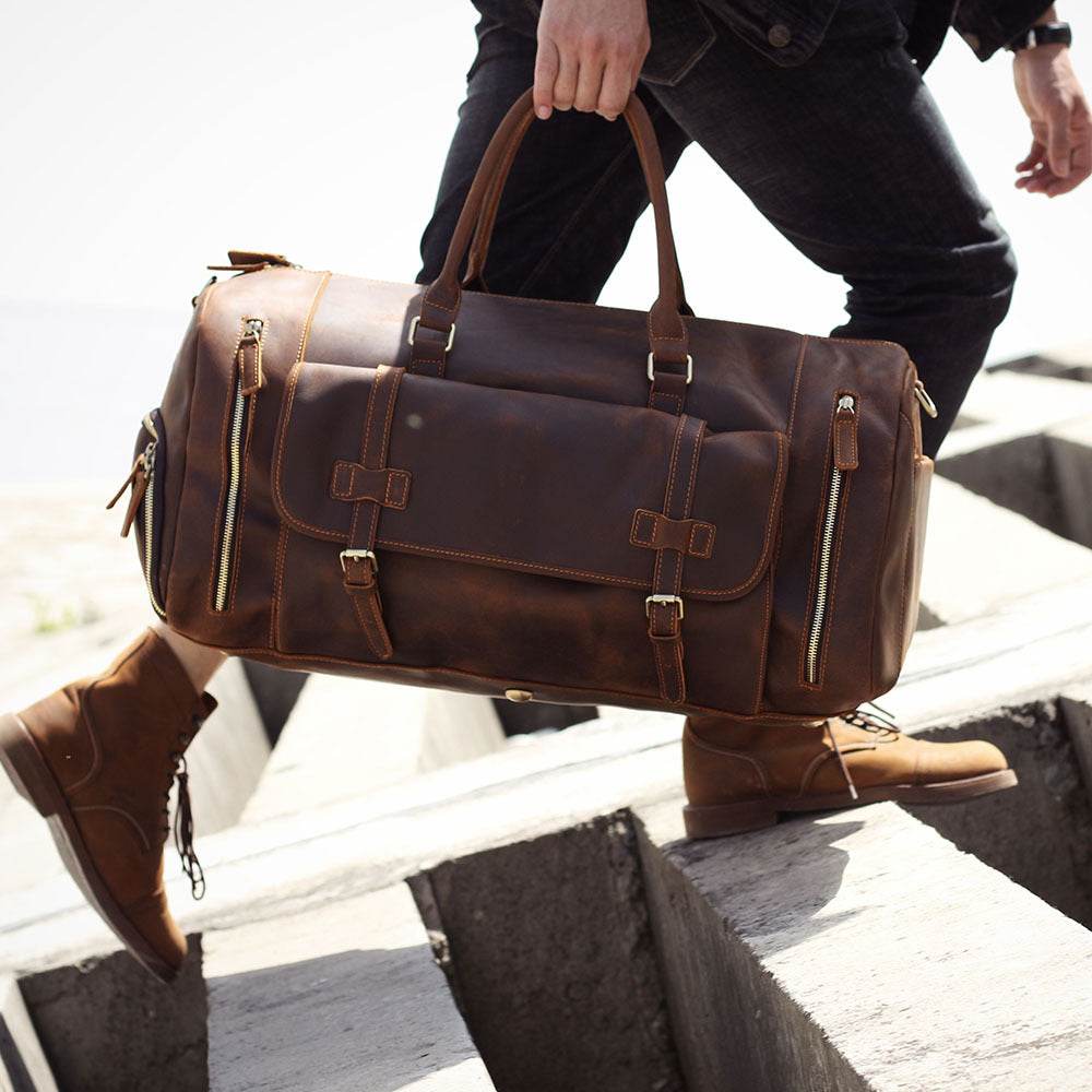 Men's Retro Genuine Leather Super Large Capacity First Layer Cowhide Leather Hand Luggage Bag - Mubimart