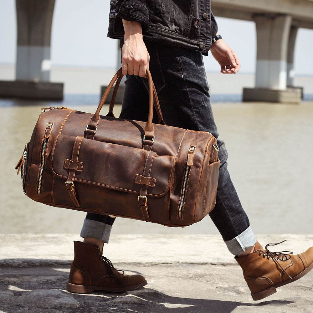 Men's Retro Genuine Leather Super Large Capacity First Layer Cowhide Leather Hand Luggage Bag - Mubimart