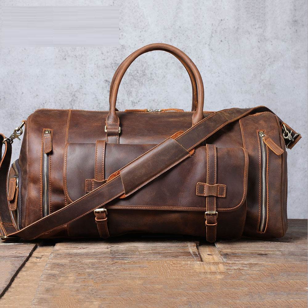 Men's Retro Genuine Leather Super Large Capacity First Layer Cowhide Leather Hand Luggage Bag - Mubimart