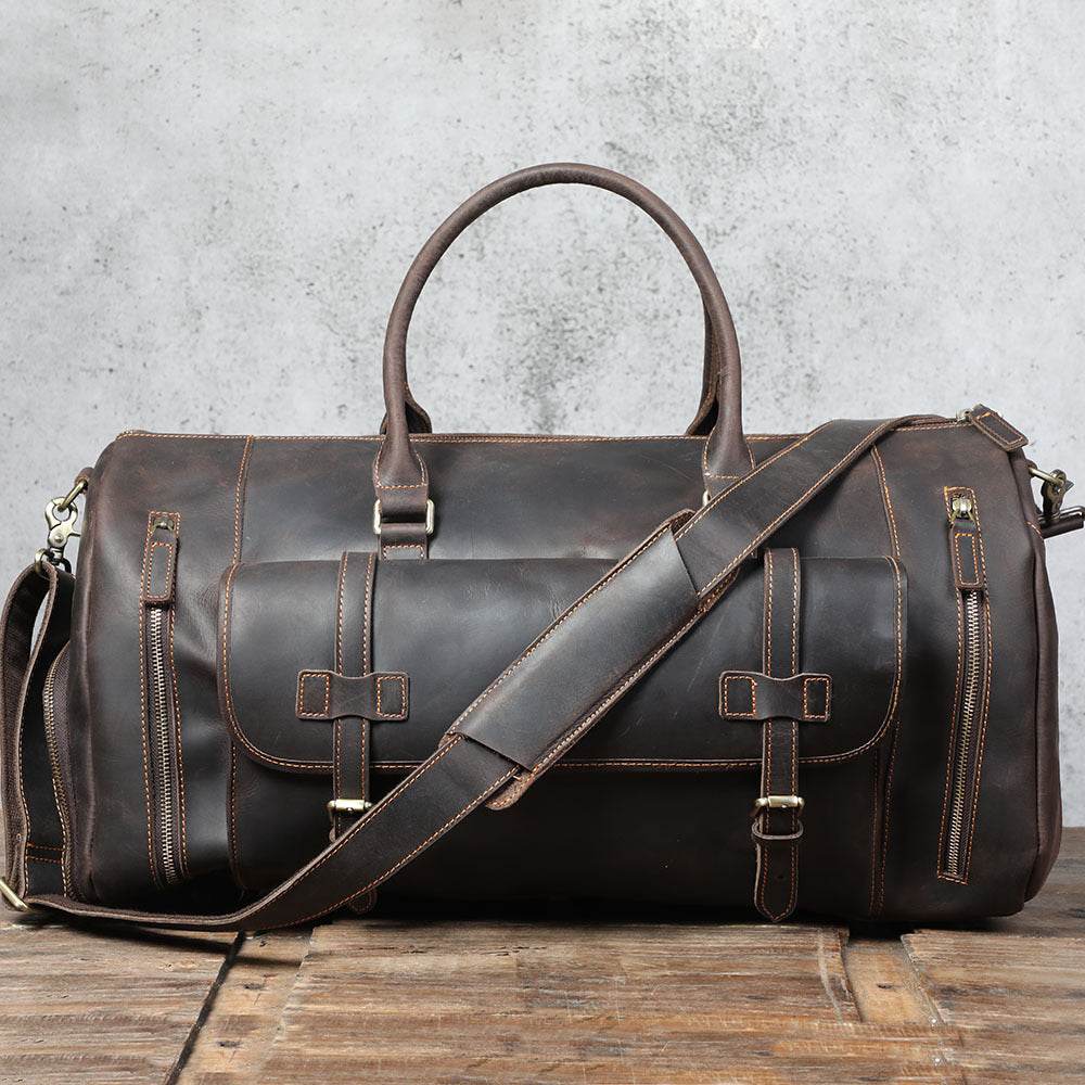 Men's Retro Genuine Leather Super Large Capacity First Layer Cowhide Leather Hand Luggage Bag - Mubimart