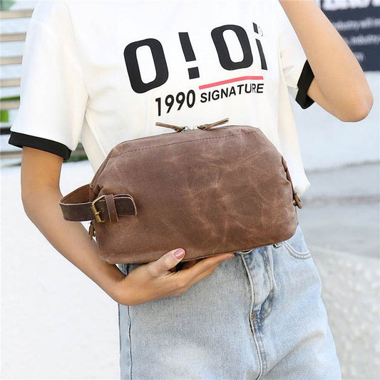 Mens Travel Toiletry Bag Canvas Leather Cosmetic Makeup Organizer Portable Shaving Kits - Mubimart