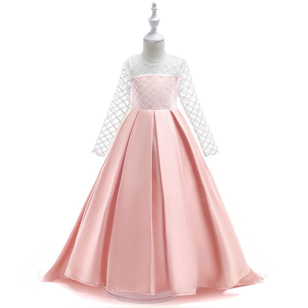 Mesh Long Sleeve Trailing Girls' Dress - Mubimart