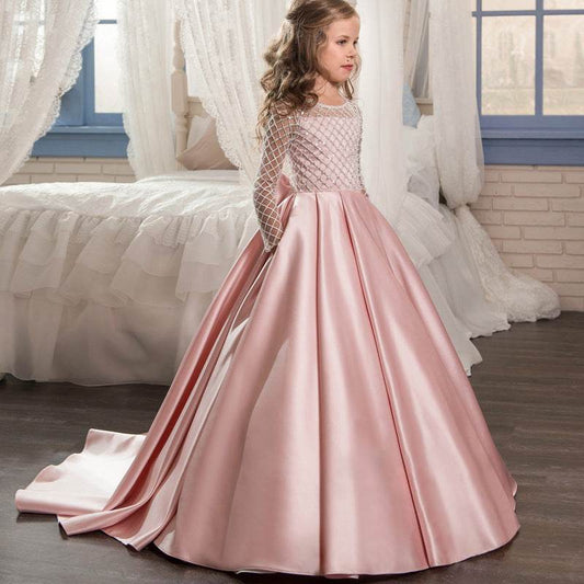 Mesh Long Sleeve Trailing Girls' Dress - Mubimart