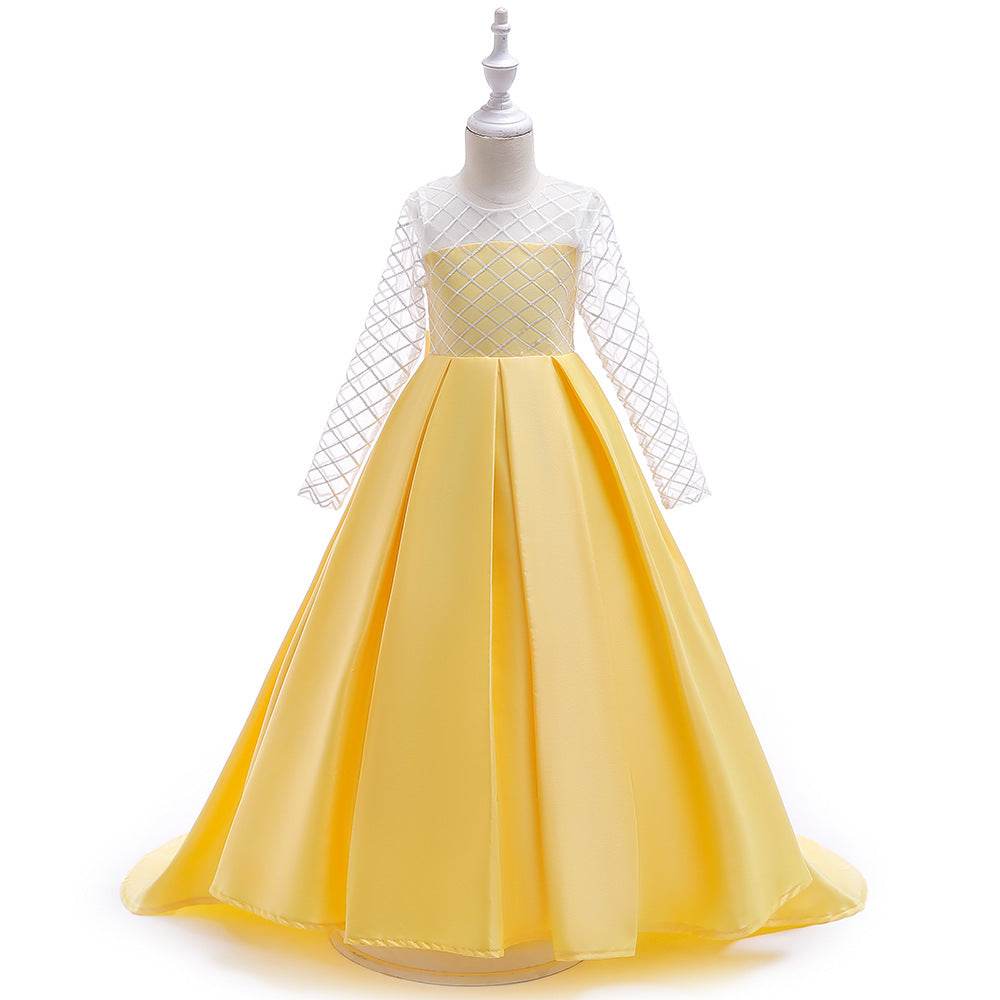 Mesh Long Sleeve Trailing Girls' Dress - Mubimart