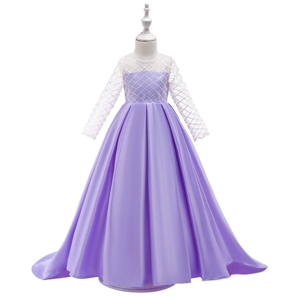Mesh Long Sleeve Trailing Girls' Dress - Mubimart