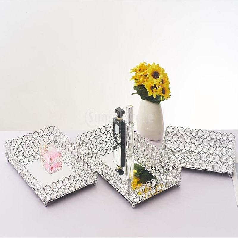 Metal Tray Crystal Storage Tray Cosmetic Storage Mirror Tray Ornaments - Mubimart