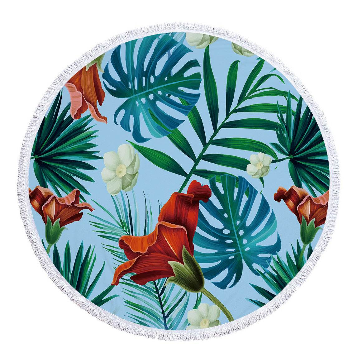 Microfiber Print Tropical Leaves Round Beach Towel - Mubimart